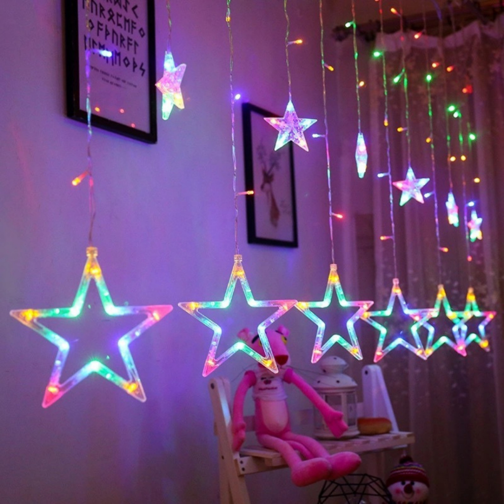Đèn LED rèm ngôi sao trang trí 6 sao lớn, 6 sao nhỏ Trang trí Noel - Lễ - Tết