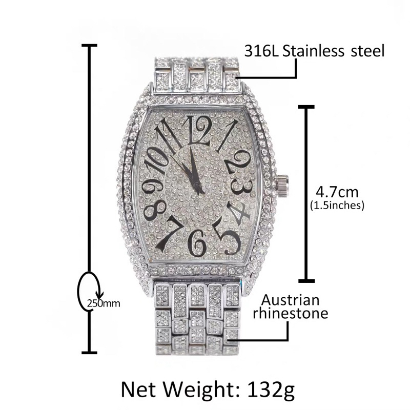 (Tặng nhẫn) Đồng hồ pintime đính đá khung chữ nhật size 40mm - PT02