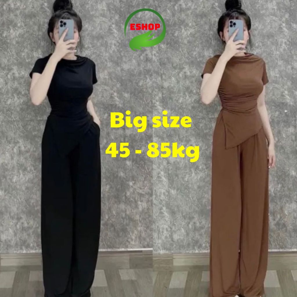 Set Đồ Bộ Nữ Mặc Nhà Bigsize Áo Cổ Tròn Vạt Xéo Quần Ống Rộng Thun Gân Tăm Lạnh ESHOP Đồ Bộ Mặc Nhà Sang Chảnh Đẹp TL68