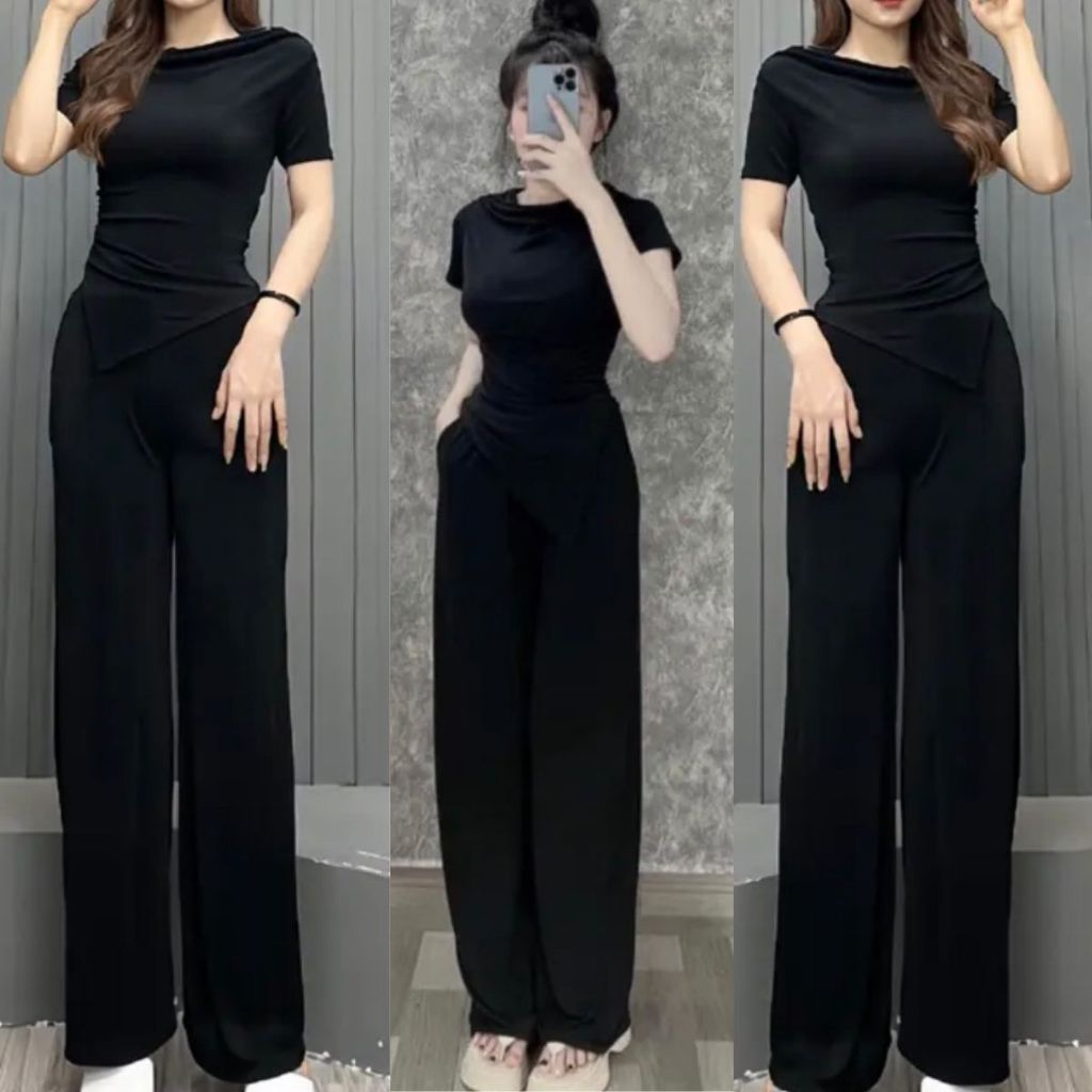 Set Đồ Bộ Nữ Mặc Nhà Bigsize Áo Cổ Tròn Vạt Xéo Quần Ống Rộng Thun Gân Tăm Lạnh ESHOP Đồ Bộ Mặc Nhà Sang Chảnh Đẹp TL68