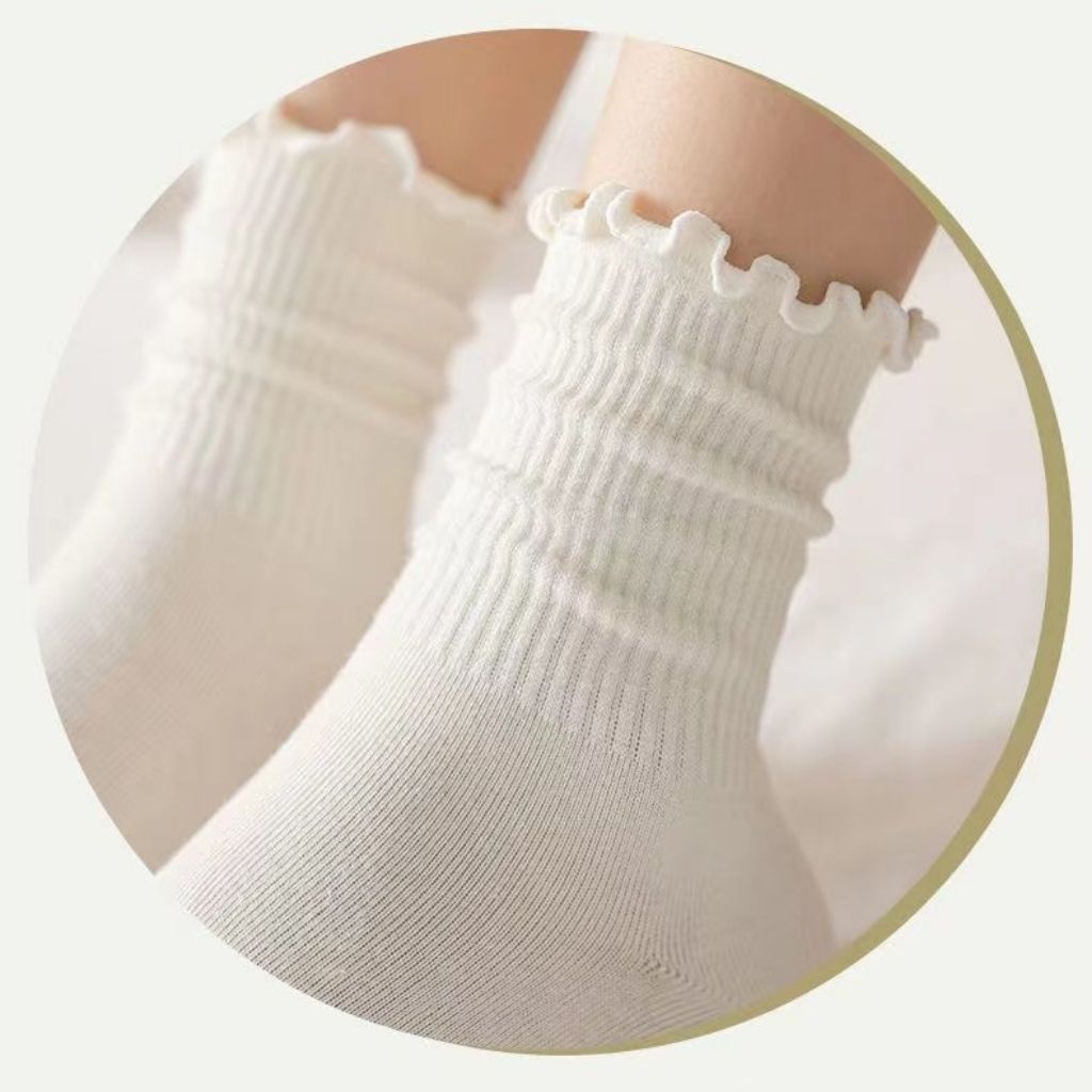 Tất vớ nữ cổ cao trắng vải cotton thời trang kết hợp viền gợn sóng tiểu thư trẻ trung LANIXA T23