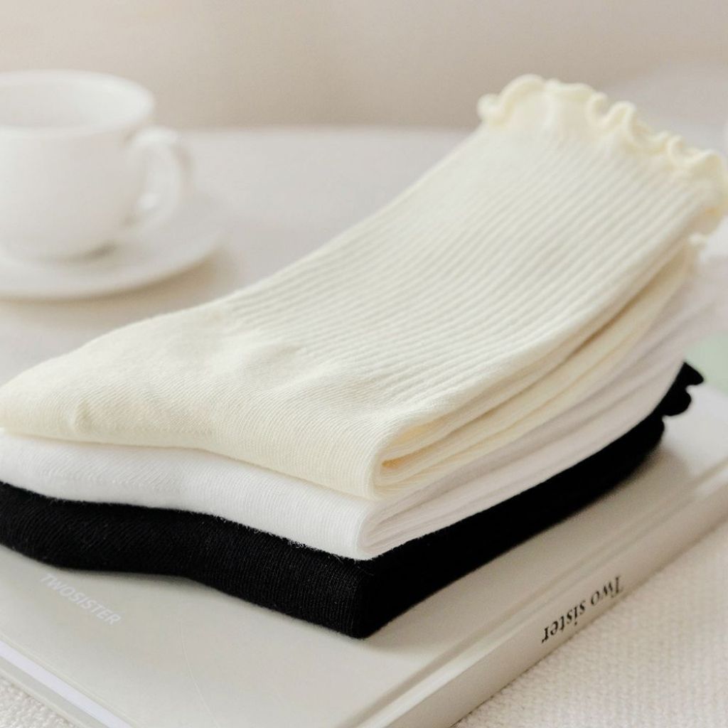 Tất vớ nữ cổ cao trắng vải cotton thời trang kết hợp viền gợn sóng tiểu thư trẻ trung LANIXA T23