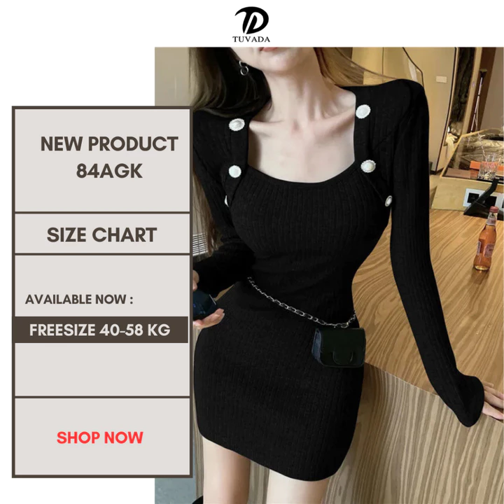 Váy ôm body dáng ngắn Tuvada, đầm body tay dài tôn dáng, Váy len body đính cúc cao cấp - VGK84