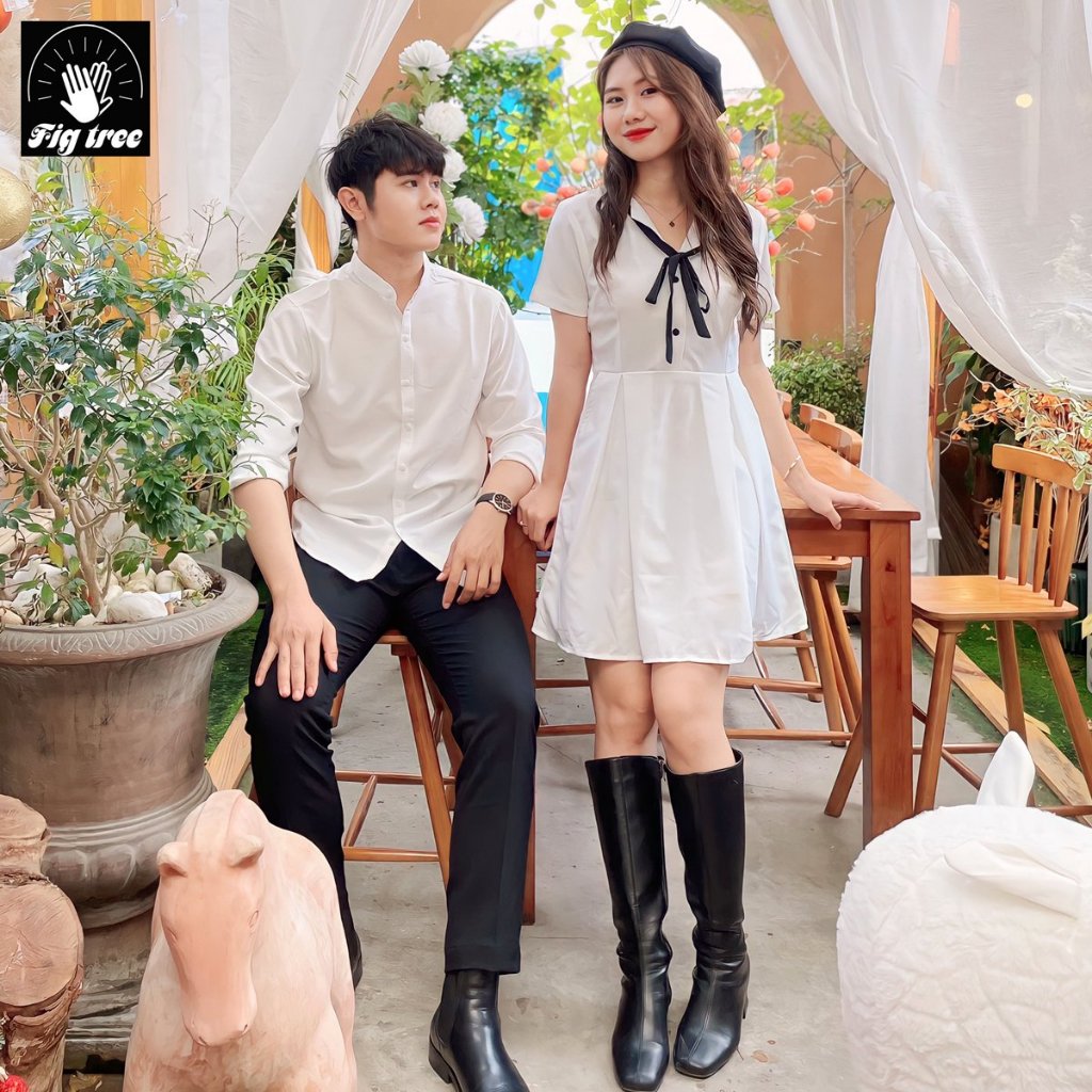 Set Sơ Mi Váy Đôi Fig Tree Màu Trắng Cổ Trụ Model ( Hàng thiết kế có bigsize đến 110kg)