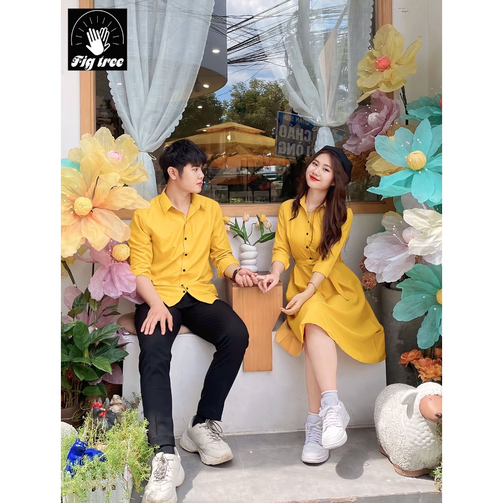Set Sơ Mi Váy Đôi Fig TREE Màu Vàng ( Áo Nam Tay Dài - Nữ Váy Cổ Sơ Mi full size)
