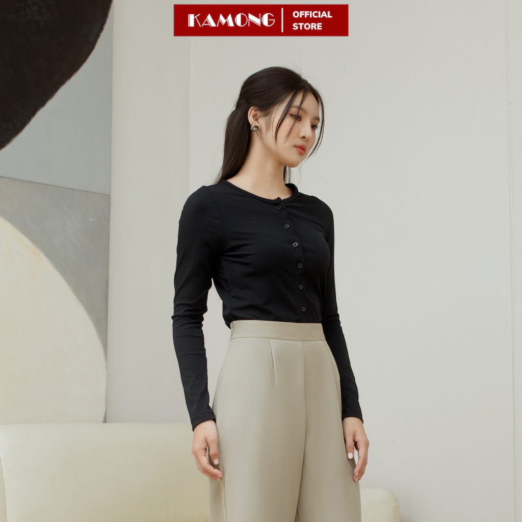 Ảnh Áo croptop nữ tay dài cài nút KAMONG chất liệu thun tăm A149 4