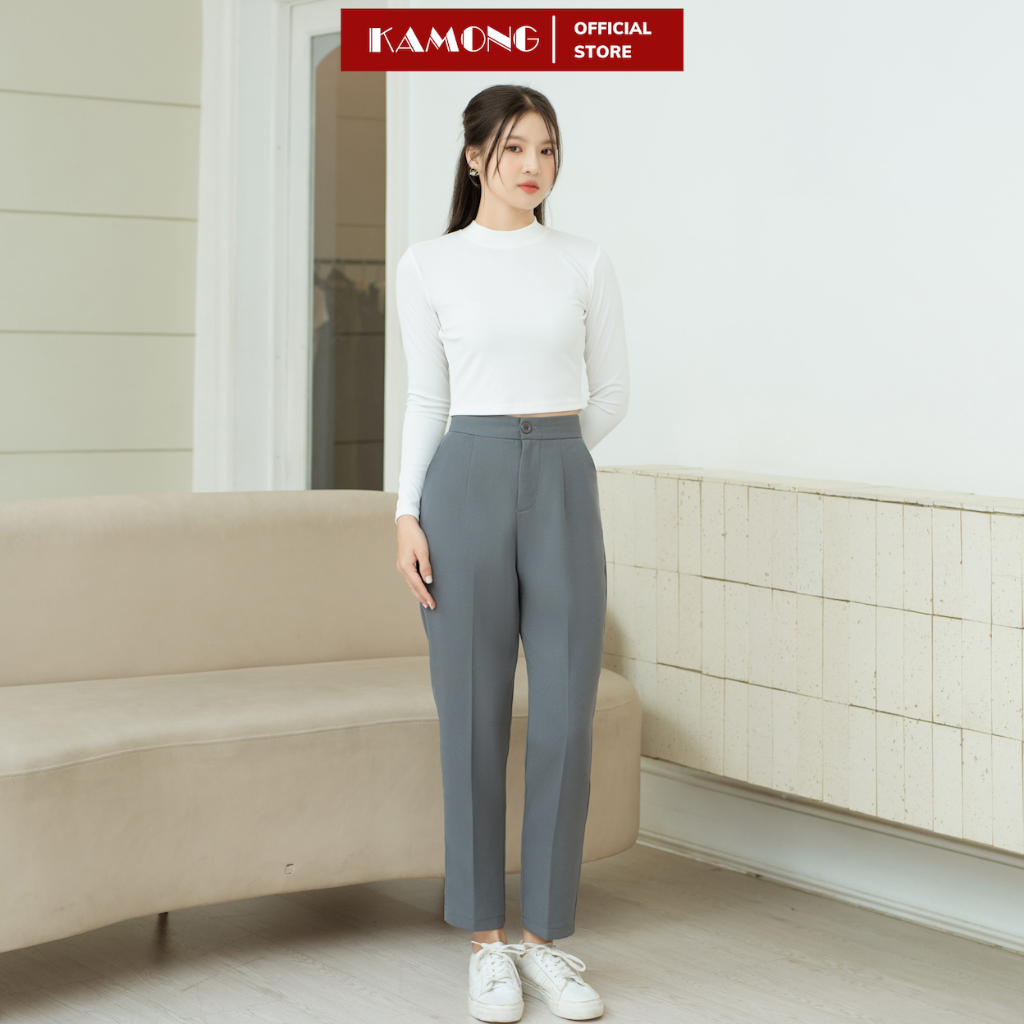 Ảnh Áo thun nữ croptop tay dài cổ cao KAMONG chất liệu thun tăm A150 2