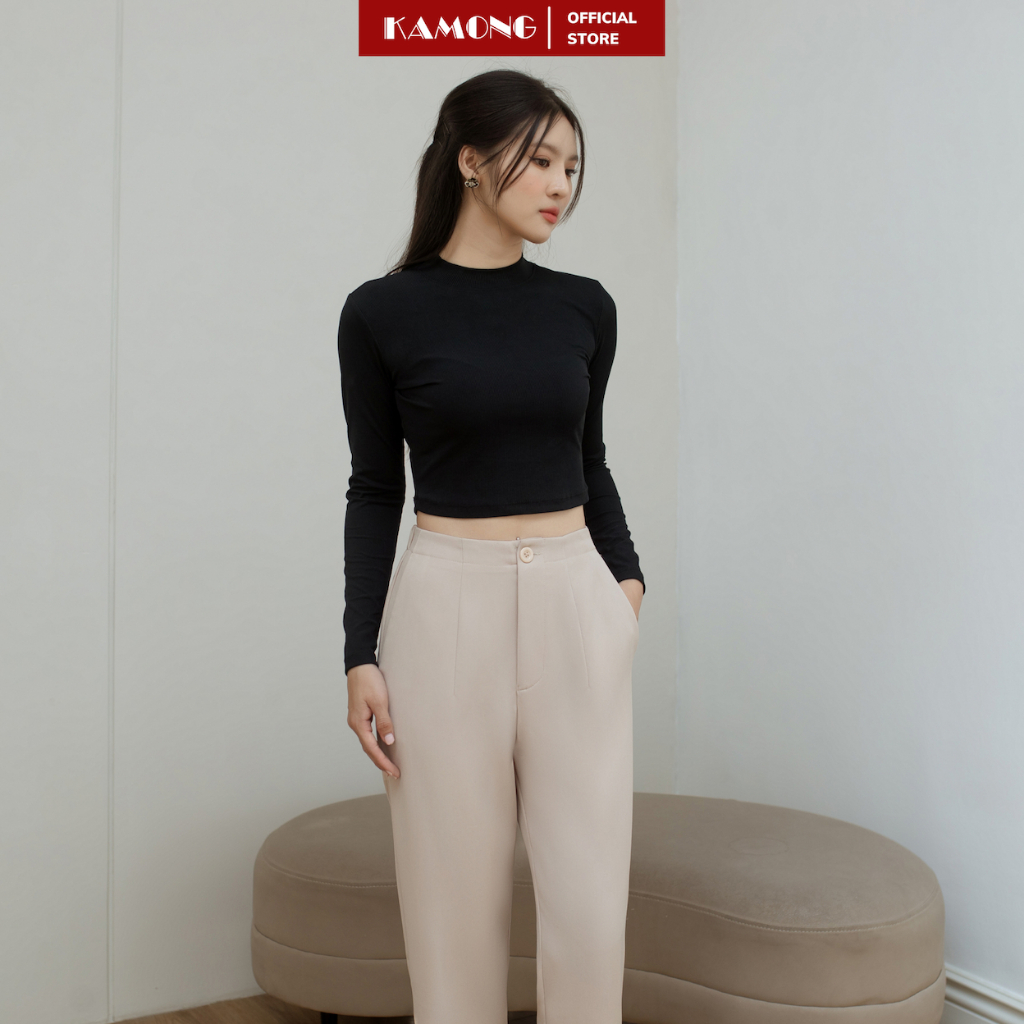 Ảnh Áo thun nữ croptop tay dài cổ cao KAMONG chất liệu thun tăm A150 3