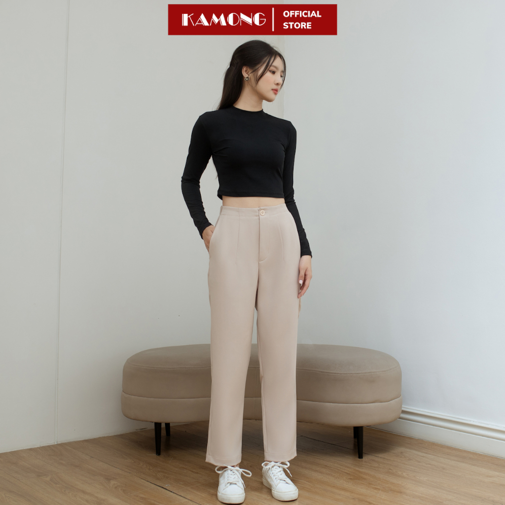 Ảnh Áo thun nữ croptop tay dài cổ cao KAMONG chất liệu thun tăm A150 4