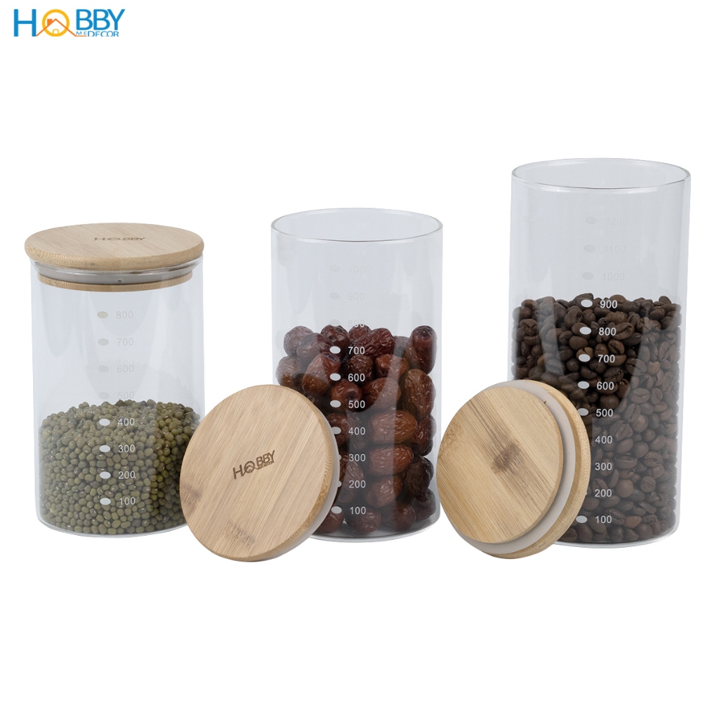 Hũ thuỷ tinh nắp gỗ ron cao su 3 size tuỳ chọn Hobby home decor LTT2