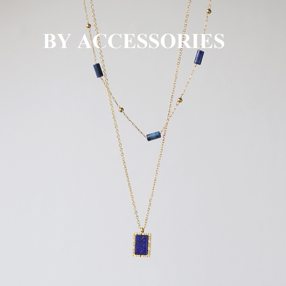 Dây chuyền nữ titan xích mảnh mạ vàng 18K phối mặt hình học chữ nhật khảm đá lapis lazuli màu xanh không gỉ WN2385