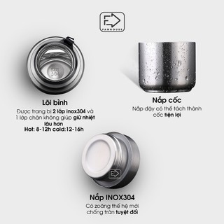 Bình giữ nhiệt 24h inox 304 Fan House bình nước giữ nhiệt cao cấp toàn bộ bằng inox nắp làm cốc uống