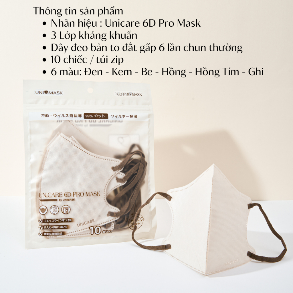 UNICARE 200 chiếc khẩu trang mix 6 Màu Khẩu Trang 6D Unicare Pro Mask 3 Lớp Kháng Khuẩn