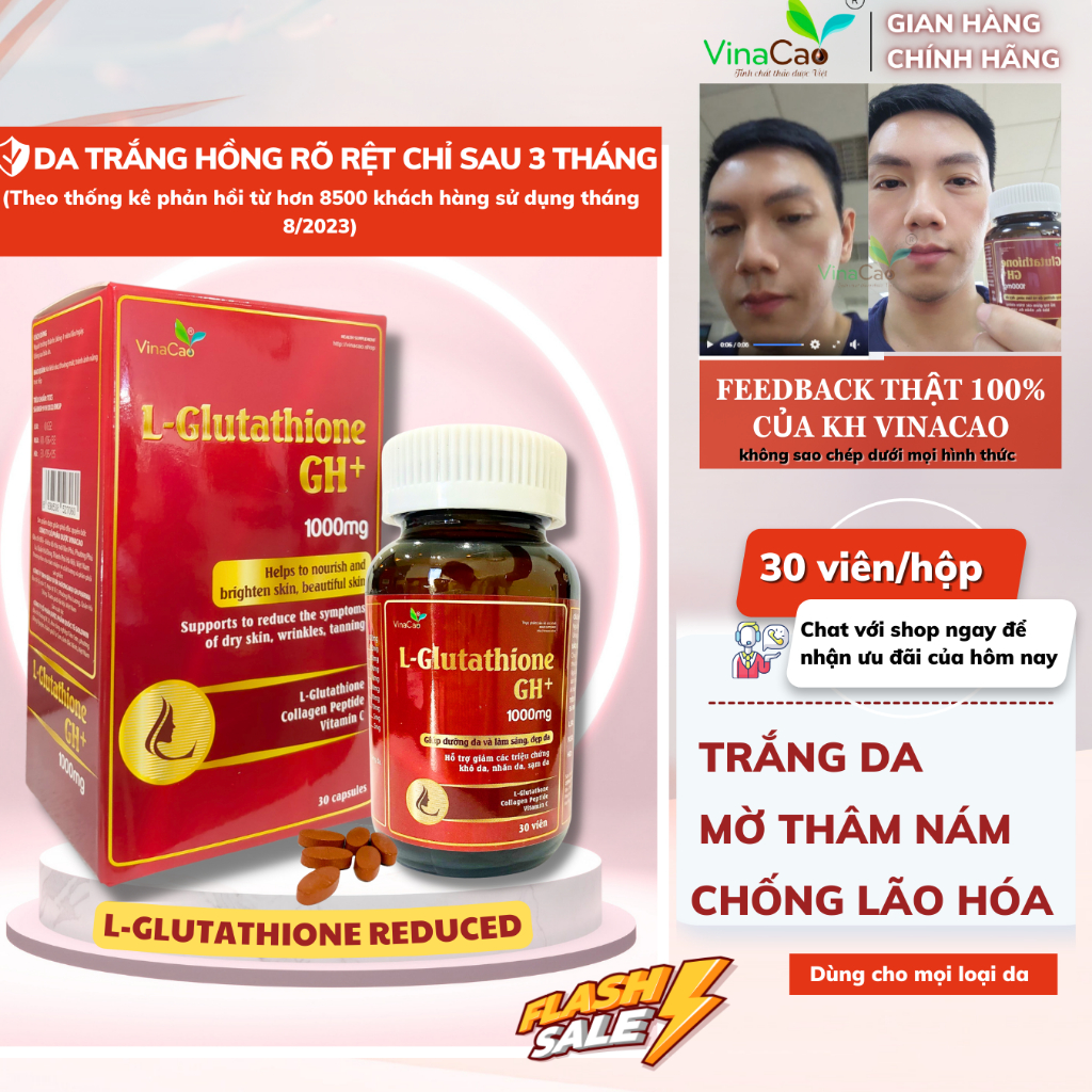 CHÍNH HÃNG] Viên uống trắng da mờ nám cao cấp L-Glutathione GH+ 1000mg  Vinacao dùng trong 1 tháng giảm thâm nám