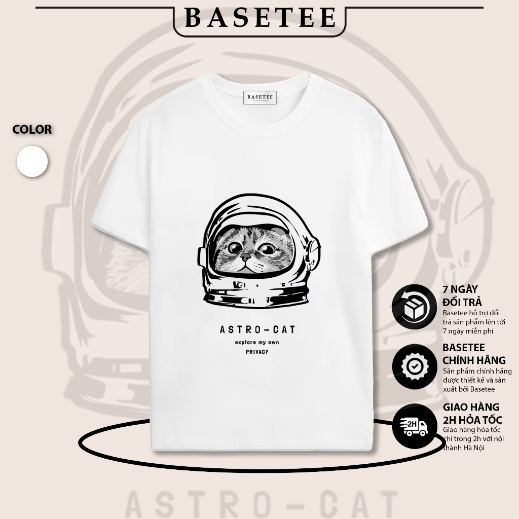 Áo thun trắng in hình Astro Cat co dãn thấm hút mồ hôi đủ size 40-100kg form rộng Basetee Unisex