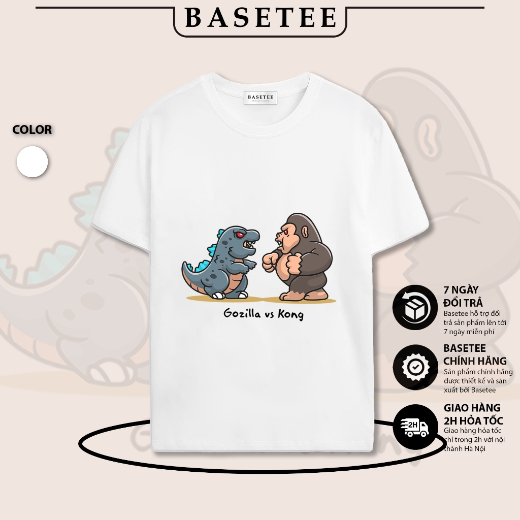 Áo thun trắng in hình Godzilla Vs Kong co dãn thấm hút mồ hôi size 40-100kg form rộng Basetee Unisex