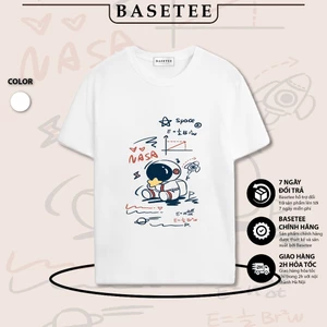 Áo thun trắng in hình Astronaut Math co dãn thấm hút mồ hôi size 40-100kg form rộng Basetee Unisex