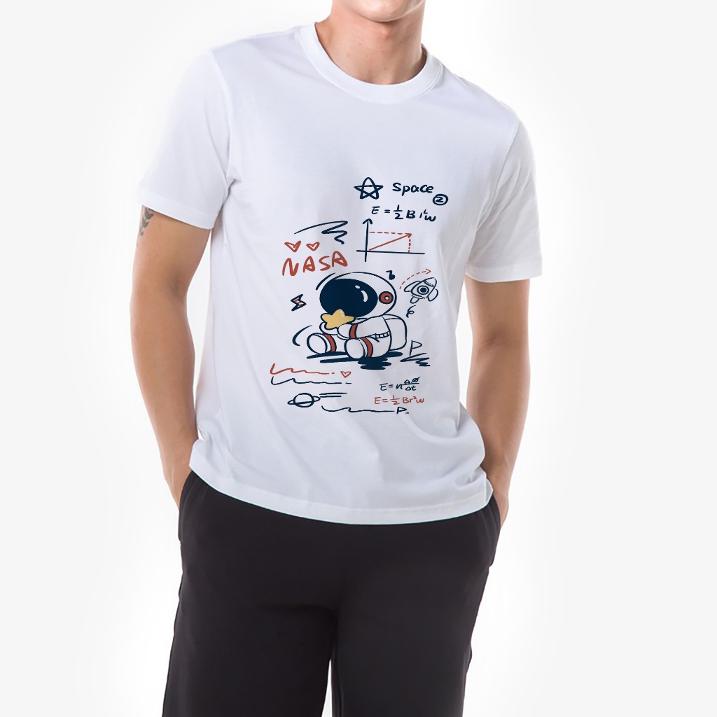 Áo thun trắng in hình Astronaut Math co dãn thấm hút mồ hôi size 40-100kg form rộng Basetee Unisex