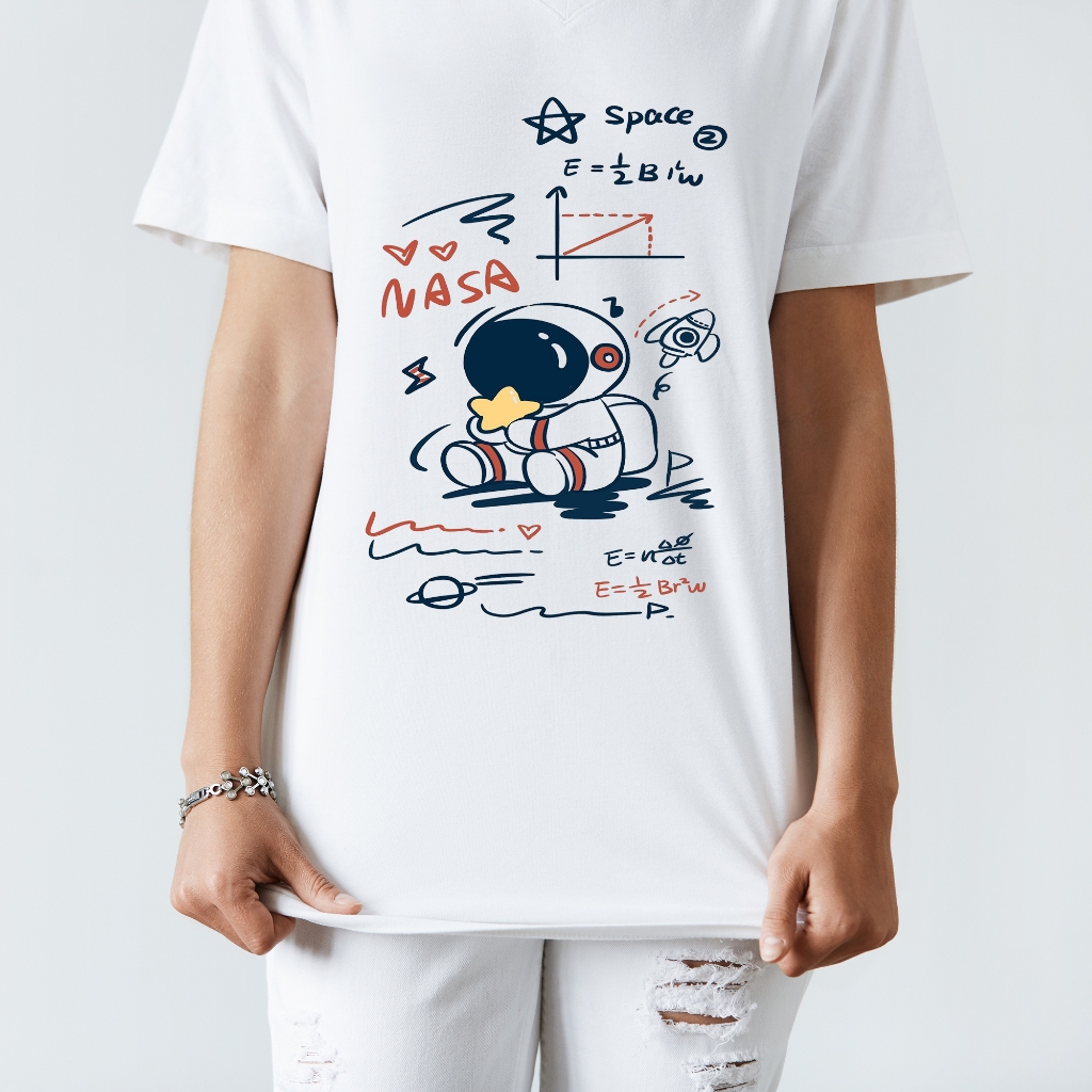 Áo thun trắng in hình Astronaut Math co dãn thấm hút mồ hôi size 40-100kg form rộng Basetee Unisex