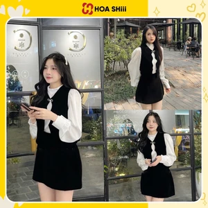Set 3 Món Kèm Tag Nơ Áo Gile Nhung Lượn Sóng Kèm Sơmi Lụa + Chân Váy Cạp Cao Có Ảnh Thật Kèm Video