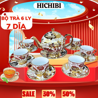 Bộ ấm chén uống trà 6 tách kèm 7 dĩa sang trọng hoa văn ngẫu nhiên nhũ vàng hoàng gia, bộ ấm trà dùng chưng bàn khách