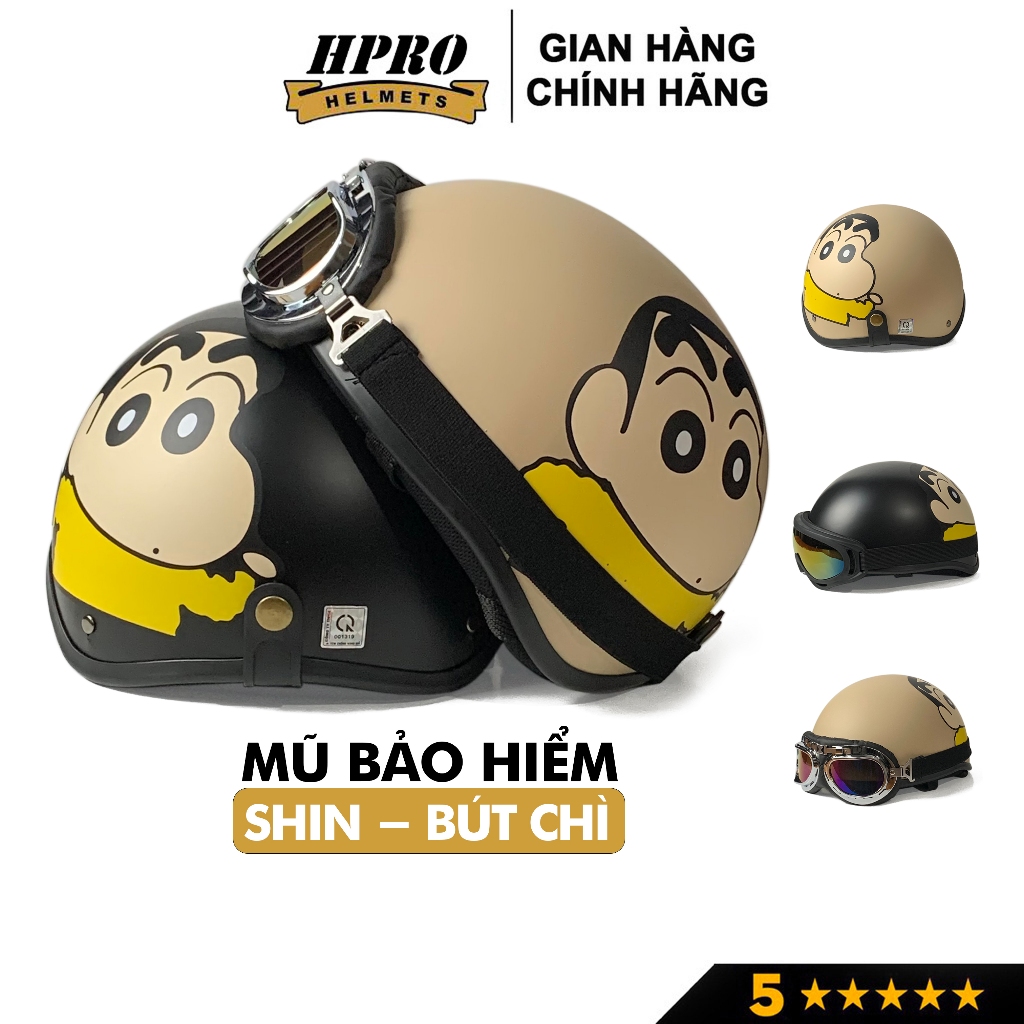 Ảnh Nón bảo hiểm nửa đầu Hpro helmet tem Shin-Cậu bé bút chì, freesize (55-59cm), kèm kính phi công, uv 1