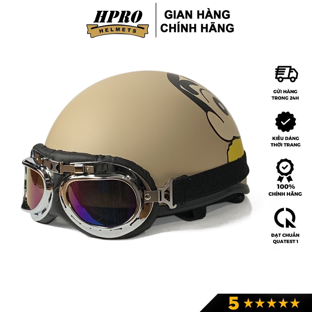 Ảnh Nón bảo hiểm nửa đầu Hpro helmet tem Shin-Cậu bé bút chì, freesize (55-59cm), kèm kính phi công, uv 4