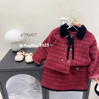 Quần áo trẻ em,Bộ dạ đỏ cao cấp bé gái mặc noel tết, thiết kế 2 hàng cúc phối cổ nhung S977 | Tiểu Yến KID