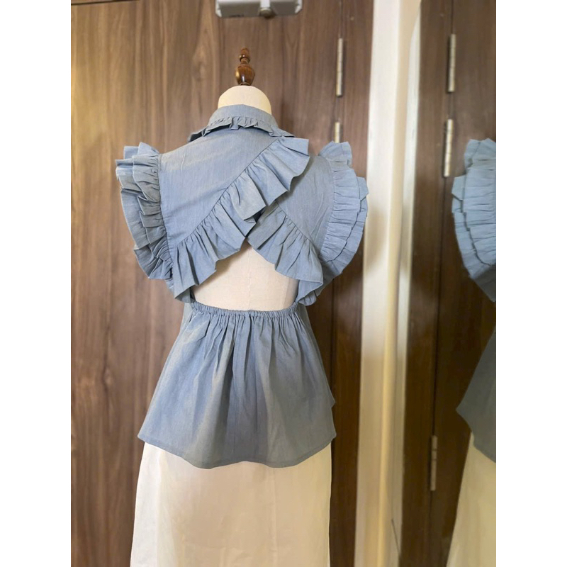 SET ÁO XANH BÈO HỞ LƯNG + CHÂN VÁY TRẮNG