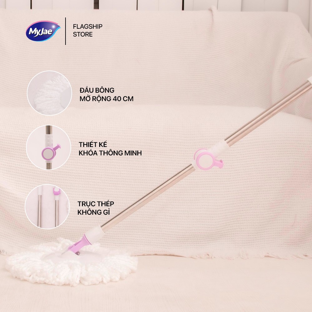 Combo 3 Bông Lau+1 Cây Lau Nhà Đơn MyJae Sợi Microfiber Xoay 360 Độ Phù Hợp Nhiều Loại Thùng Lau