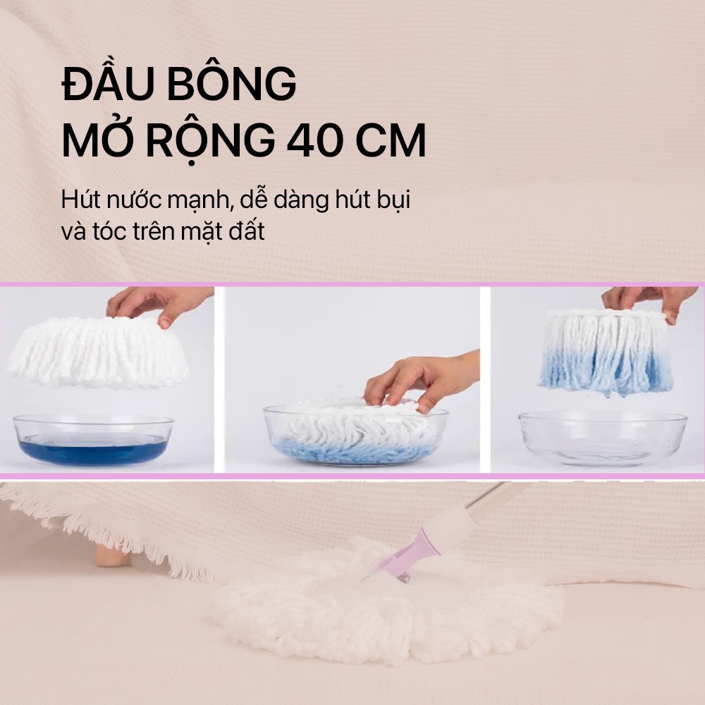 Combo 3 Bông Lau+1 Cây Lau Nhà Đơn MyJae Sợi Microfiber Xoay 360 Độ Phù Hợp Nhiều Loại Thùng Lau