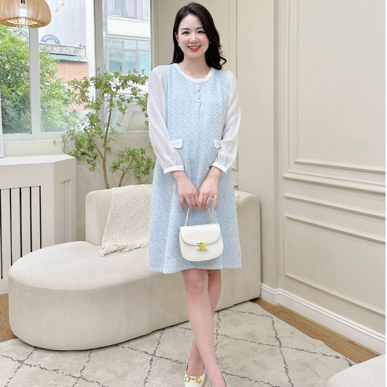MEDYLA – Váy bầu thu đông dạ tweed xanh cổ tròn phối tay tơ đầm bầu thiết kiế cho bầu đi chơi du lịch – VTA1575 spe