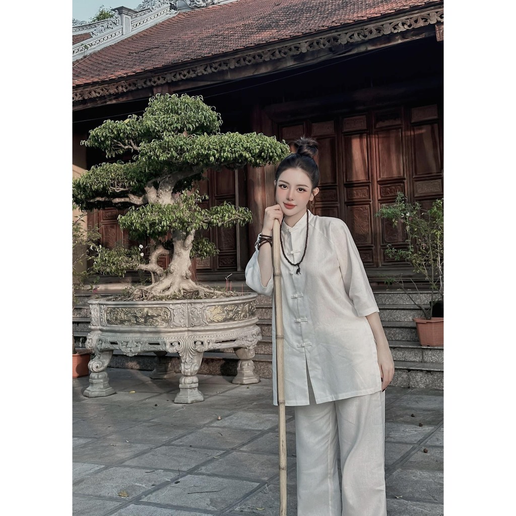 Bộ đi chùa truyền thống MPB vải đũi line Set bộ lam đi chùa nữ dáng dài Pháp phục cổ tàu khuy tết vải mèm mịn