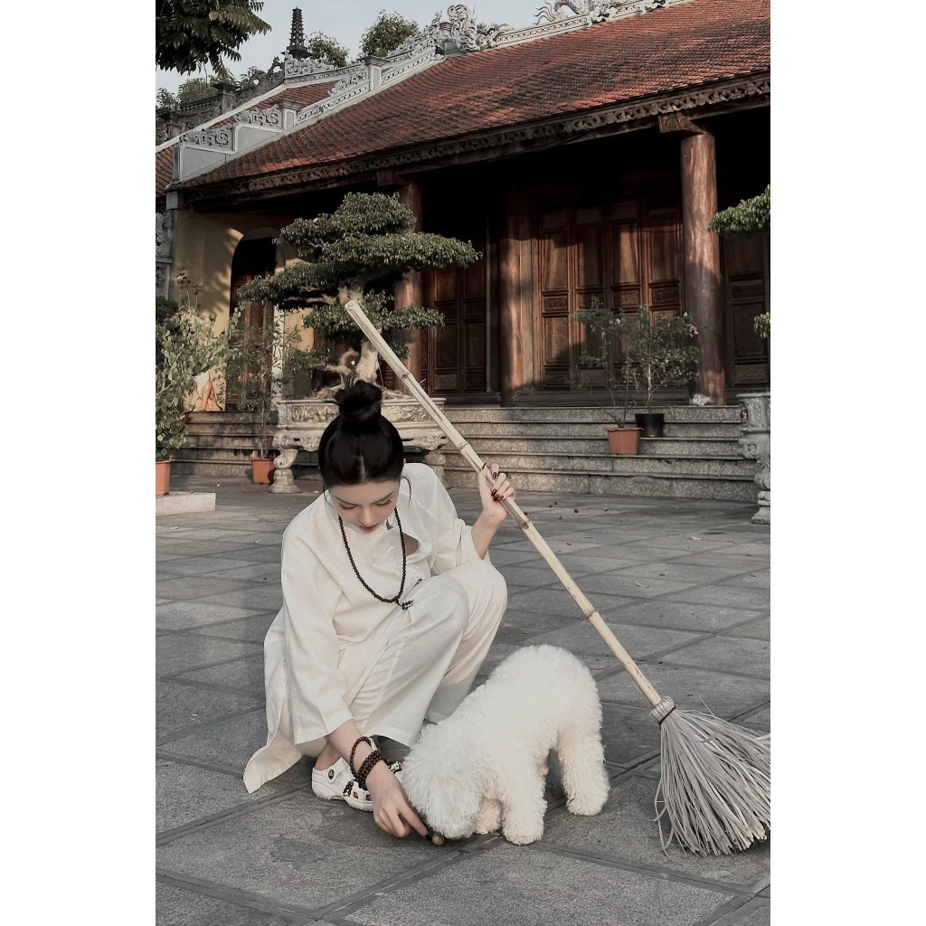 Bộ đi chùa truyền thống MPB vải đũi line Set bộ lam đi chùa nữ dáng dài Pháp phục cổ tàu khuy tết vải mèm mịn