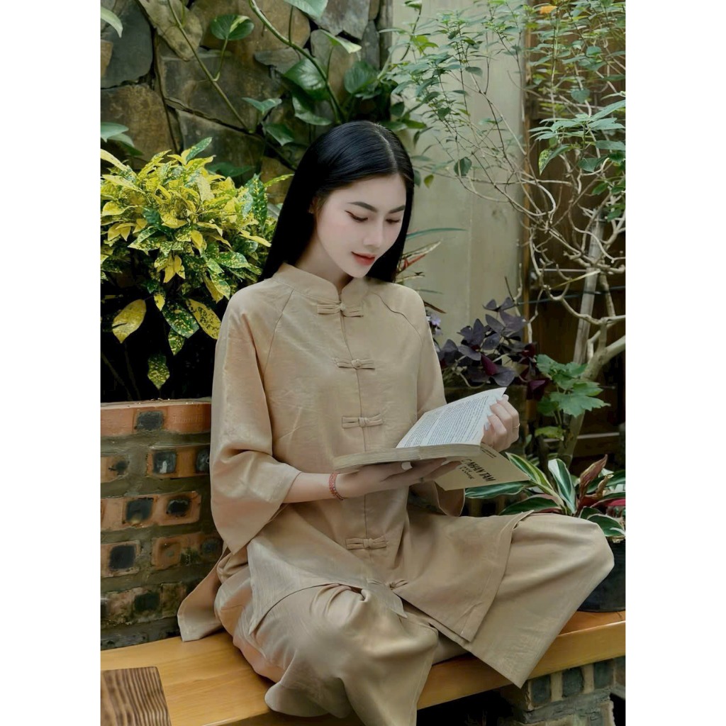 Bộ đi chùa truyền thống MPB vải đũi line Set bộ lam đi chùa nữ dáng dài Pháp phục cổ tàu khuy tết vải mèm mịn
