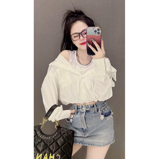 Set áo 2 món, Sơ mi sọc phối zip cổ phối trắng, Rút dây gấu phong cách hàn quốc hott