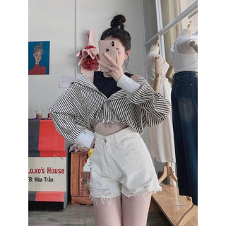 Set áo 2 món, Sơ mi sọc phối zip cổ phối trắng, Rút dây gấu phong cách hàn quốc hott