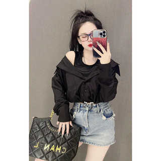 Set áo 2 món, Sơ mi sọc phối zip cổ phối trắng, Rút dây gấu phong cách hàn quốc hott