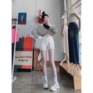 Set áo 2 món, Sơ mi sọc phối zip cổ phối trắng, Rút dây gấu phong cách hàn quốc hott