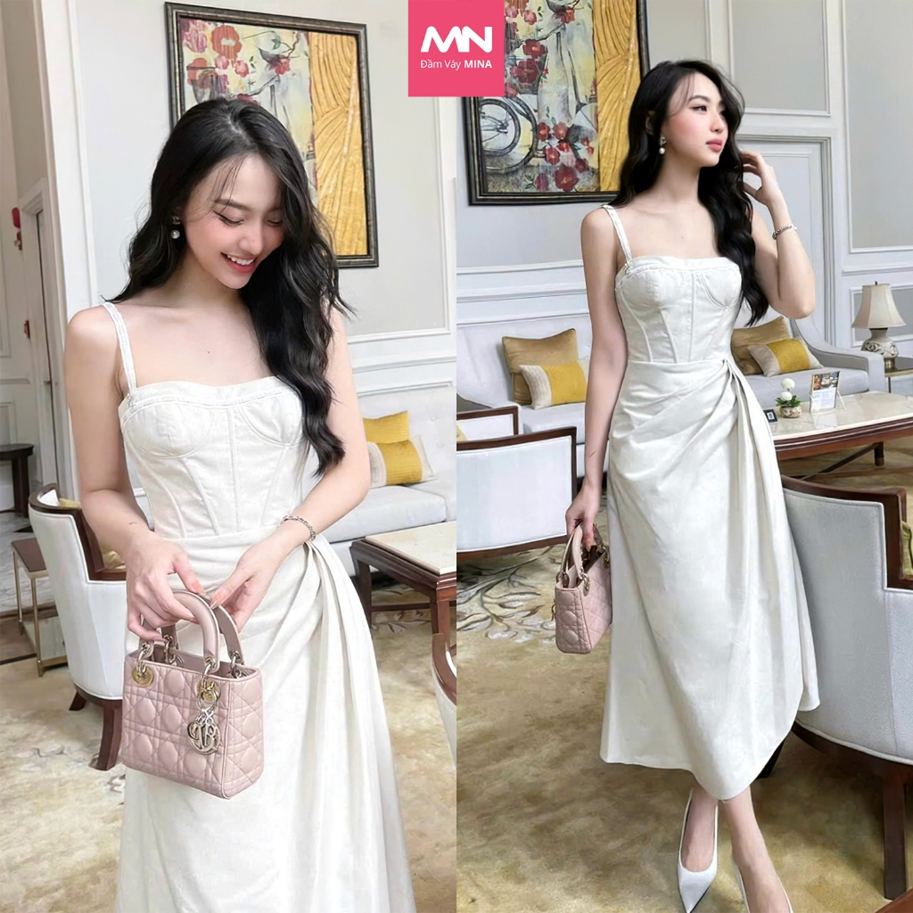 Đầm dự tiệc thương hiệu Đầm Váy Mina thiết kế hai dây dáng xoè midi chất liệu Linen MN241 spe