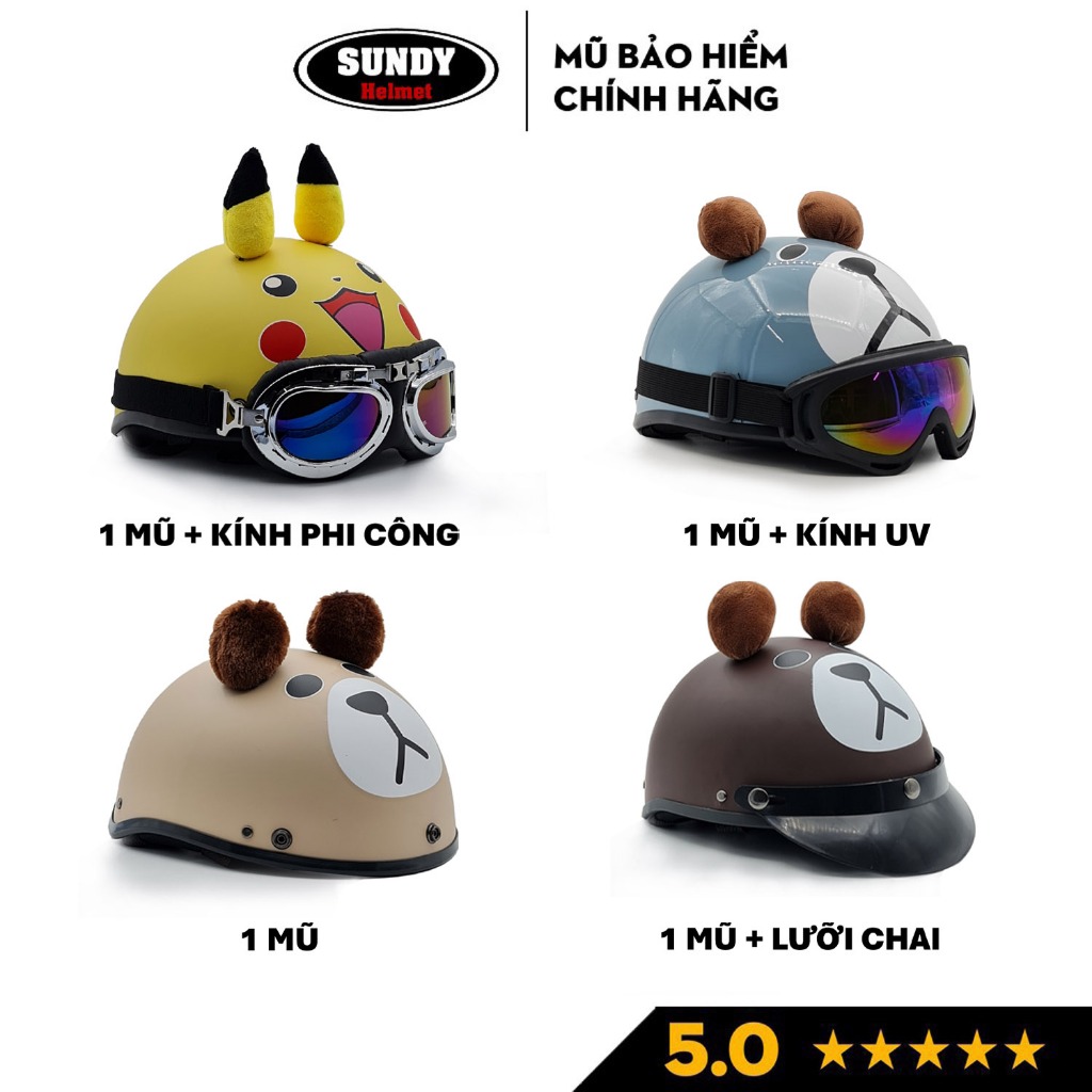 Ảnh Mũ bảo hiểm nửa đầu 1/2 chính hãng SUNDY Helmets, họa tiết thời trang, có tai cá tính, kèm kính UV, Phi Công 1