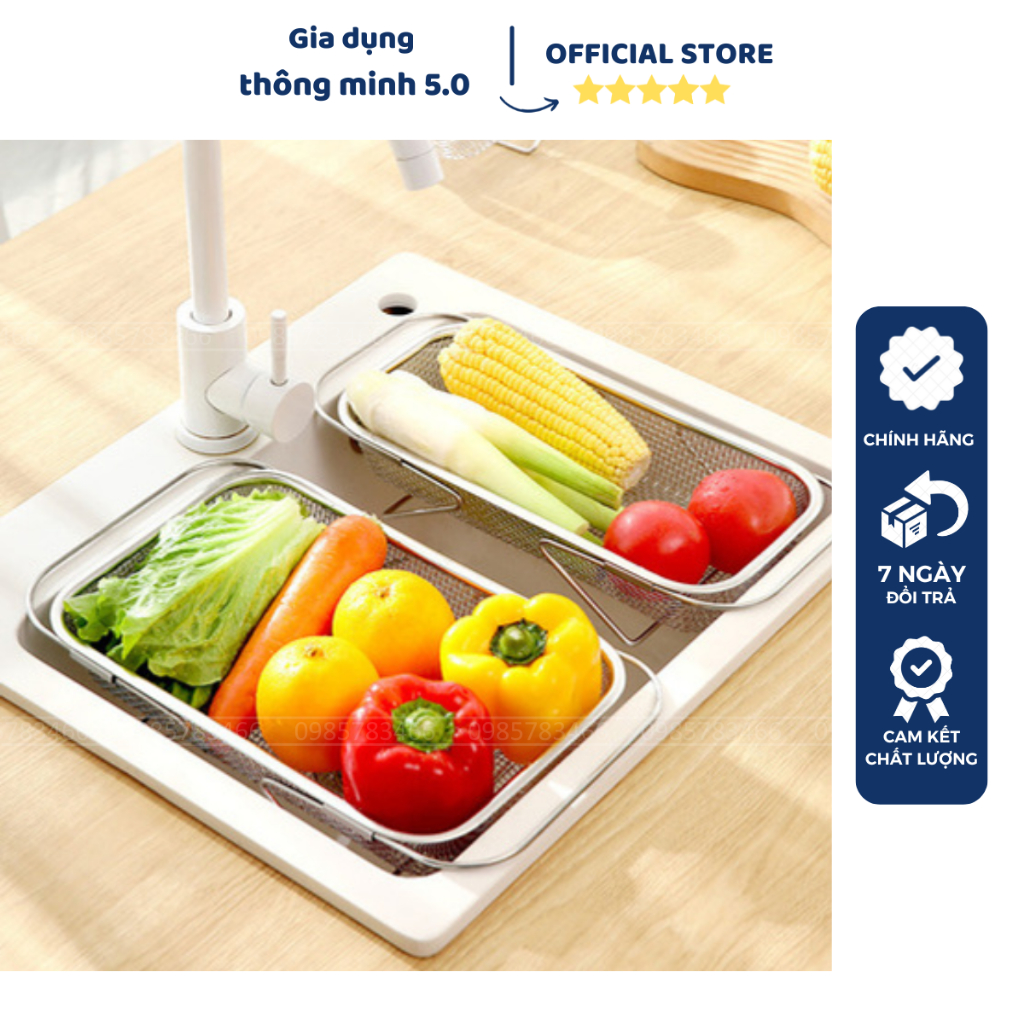 Rổ lưới Inox rửa rau củ, hoa quả gác bồn rửa chén tiện lợi, kéo ra gấp ...