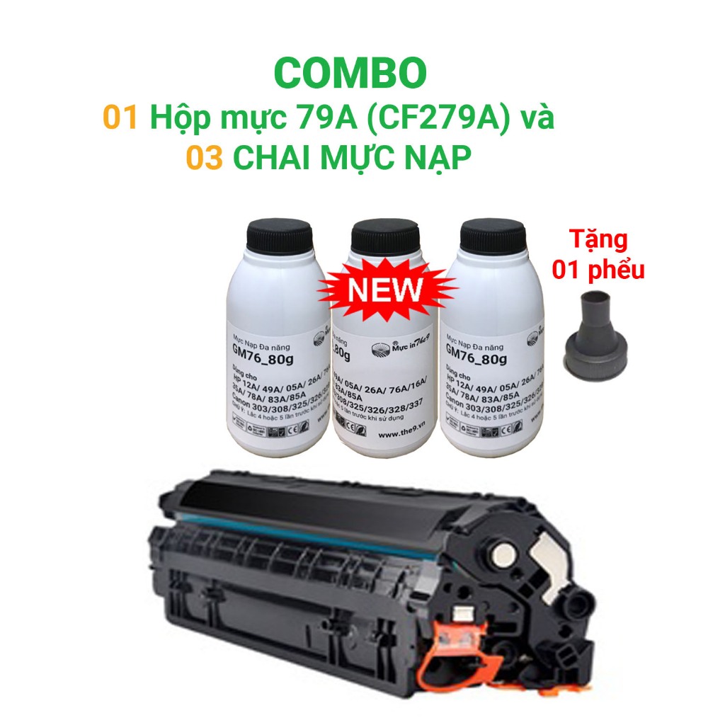 Combo 01 Hộp Mực 79a Cf279a Và 03 Chai MỰc NẠp Cho Máy Hp Pro M12a M12w M26a M26nw 01 Hộp