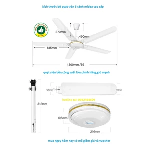 quạt trần 5 cánh MIDEA FC140-DD công suất lớn- rộng1.4m siêu bền gió mạnh-cao cấp-chính hãng