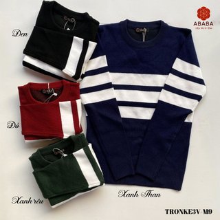 Áo len nam Cổ tròn Hàn Quốc màu Xanh than Kẻ ngang ABABA dáng ôm body Tronke3v-m9-than