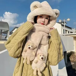 Mũ trùm đầ M chìm tay có gấu , mũ len kèm khăn choàng cổ và găng tay hình gấu dễ thương