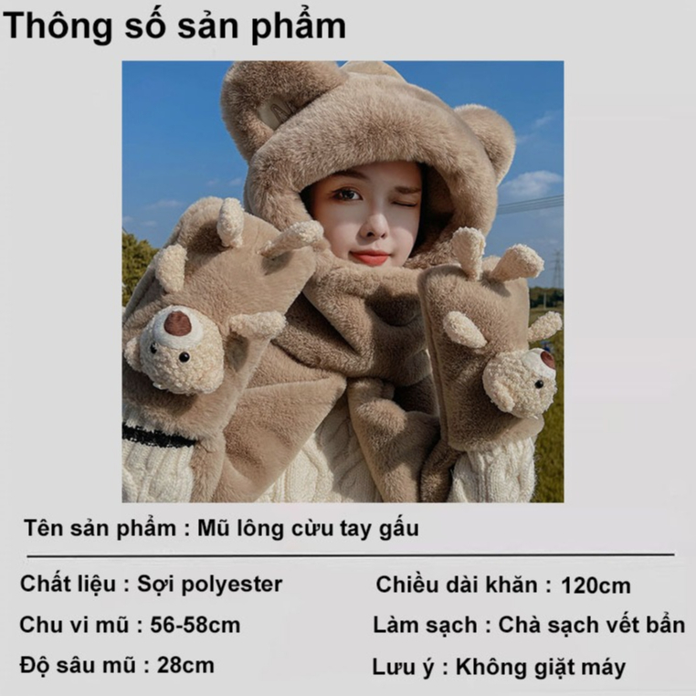 Mũ trùm đầ M chìm tay có gấu , mũ len kèm khăn choàng cổ và găng tay hình gấu dễ thương