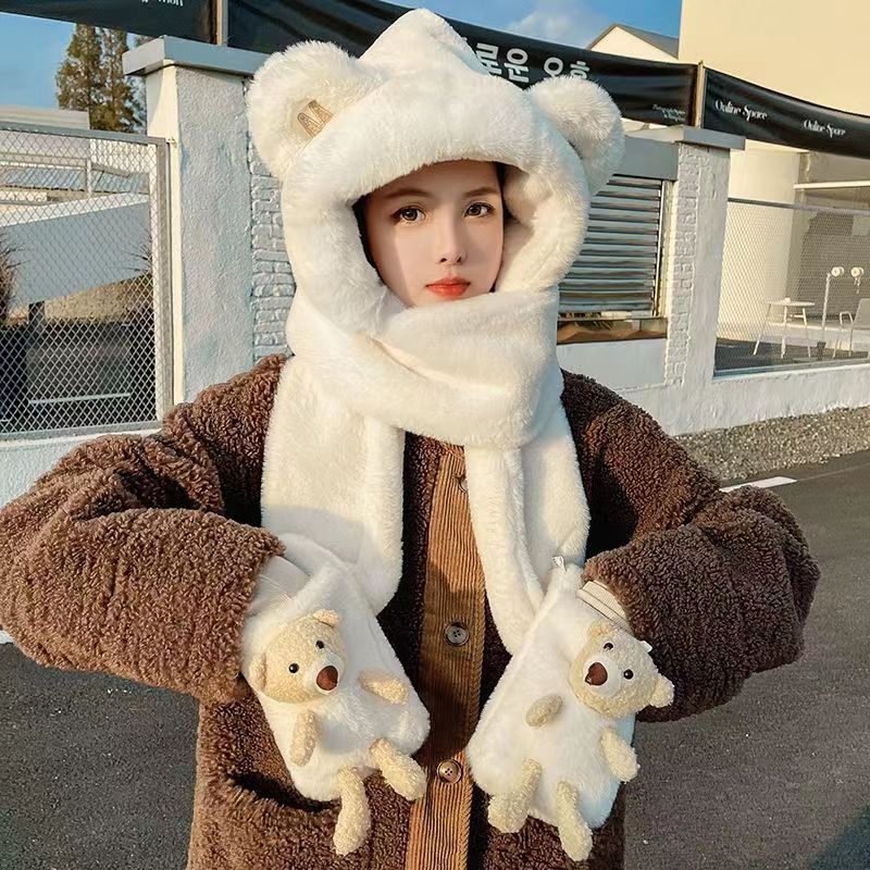 Mũ trùm đầ M chìm tay có gấu , mũ len kèm khăn choàng cổ và găng tay hình gấu dễ thương