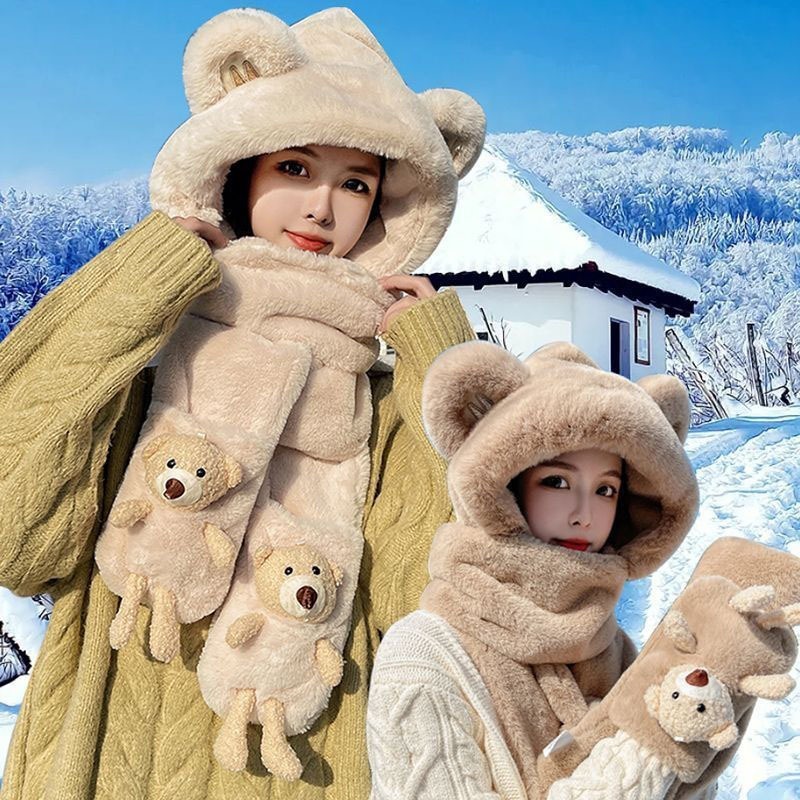 Mũ trùm đầ M chìm tay có gấu , mũ len kèm khăn choàng cổ và găng tay hình gấu dễ thương