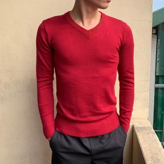 Áo Len nam màu Đỏ Cổ tim Tay dài dáng Ôm body Trơn hàng cao cấp ABABA timvisco-do
